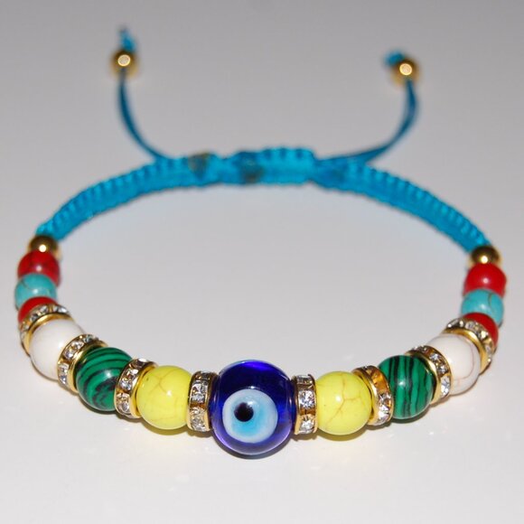Evil Eye Bracelet,Multi Gemstones Bracelet,Hamsa Bracelet,Drawstring Bracelet - Picture 1 of 3